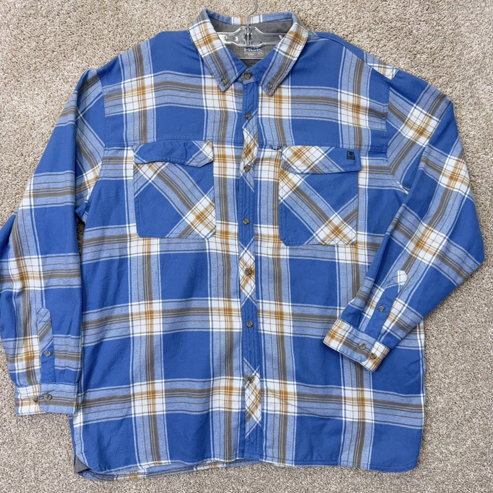 Huk Button Down Shirt Mens 2XL Blue Gold Plaid Long Sleeve Pockets EUC